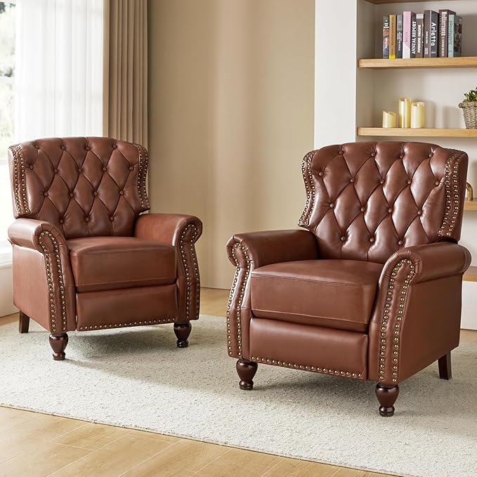 HULALA HOME Genuine Leather Recliner Chair Set of 2 w/Solid Wood Feet, Modern Adjustable Tufted Push Back Arm Chair w/Rivet Decoration, Home Theater Seating Reclining Sofa for Living Room, Brown