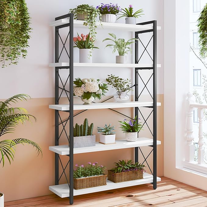 HCHQHS Bookshelf, 5-Tier Industrial Bookcase, Open Book Shelf, Freestanding Tall Bookshelves with Metal Frame