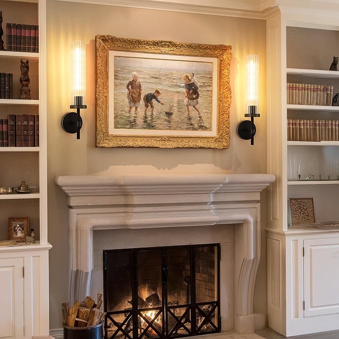 19.5" Knurled Brass Wall Sconce with Vertical Striped Glass Tube, Black Gold Bathroom Vanity Light Fixtures, Modern Lamp Lighting for Bedroom, Living Room, Hallway, Staircase, Mirror, Kitchen