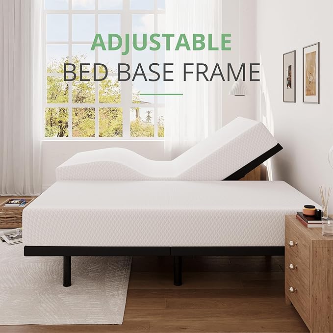 Split King Adjustable Bed Base Frame and 12 inch Green Tea Memory Foam Mattress, Electric Bed Base Wireless Remote, Zero Gravity Bed, Head and Foot Incline, Anti-Snore,Easy Assembly