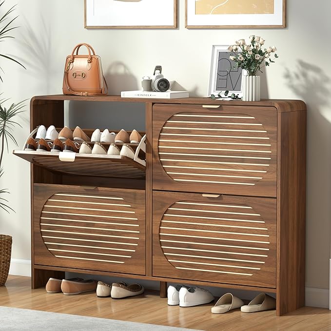 Narrow Shoe Storage Cabinet for Entryway with 4 Flip Drawers, Curved Edge Shoe Cabinet with Arched Stripe Panel, Freestanding Wood Shoe Organizer Closed Shoe Rack for Hallway, Foyer (Walnut)