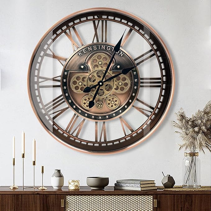 Real Moving Gears Wall Clock Large Modern Metal Clocks for Living Room Decor, Industrial Steampunk Unique Vintage Rustic Decorative Clock for Home Farmhouse Office, 27.6 Inch,Red Copper Roman
