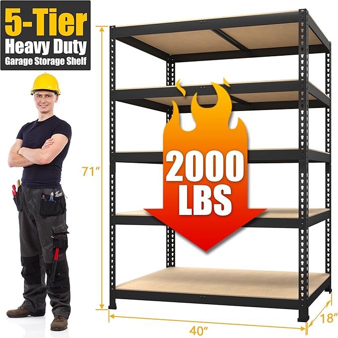 PrimeZone 40" W x 18" D x 71" H Heavy Duty Storage Shelves, 5 Tier Adjustable Garage Storage Shelving, Metal Shelving Unit Utility Rack Shelf for Warehouse Pantry Closet Kitchen, Black, 3 Pack