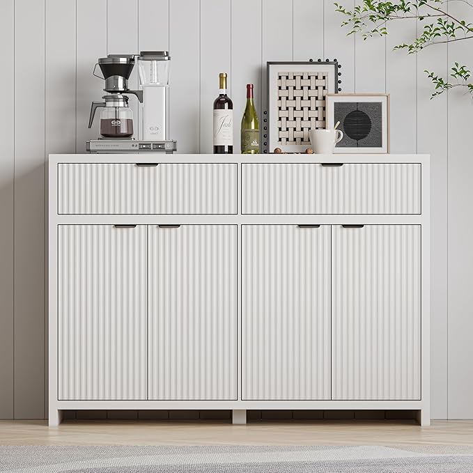 Fluted Sideboard Buffet Cabinet with Storage and Large Drawers, 55" W Credenza Storage Cabinet for Living Room or Entryway, 40'' H Farmhouse Buffet Table with Adjustable Shelves, Console Cabinet