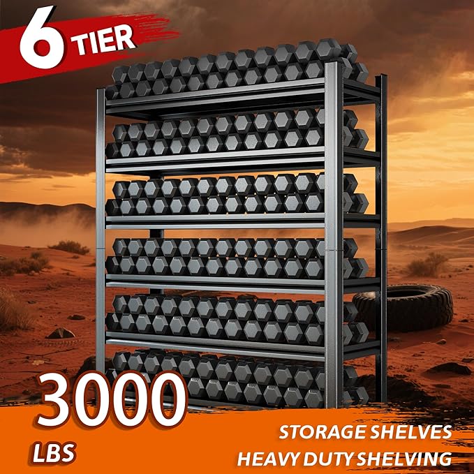 6-Tier Heavy Duty Shelves 3000lb Capacity, Adjustable Metal Garage Storage Rack for Basement Warehouse, Easy Assembly, Size 45.3''W×17.7''D×82''H