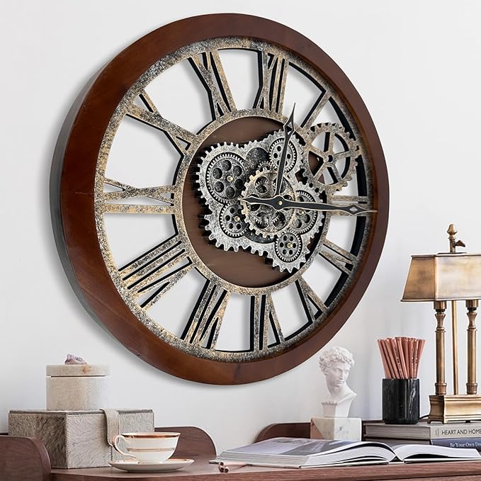HOIBAI Large Wall Clock, 24 Inch Wall Clocks for Living Room Decor Farmhouse Vintage Rustic Kitchen Wall Decor Vintage Roman Big Oversized Wall Clock for Home Bedroom House Office, Moving Gears Clock