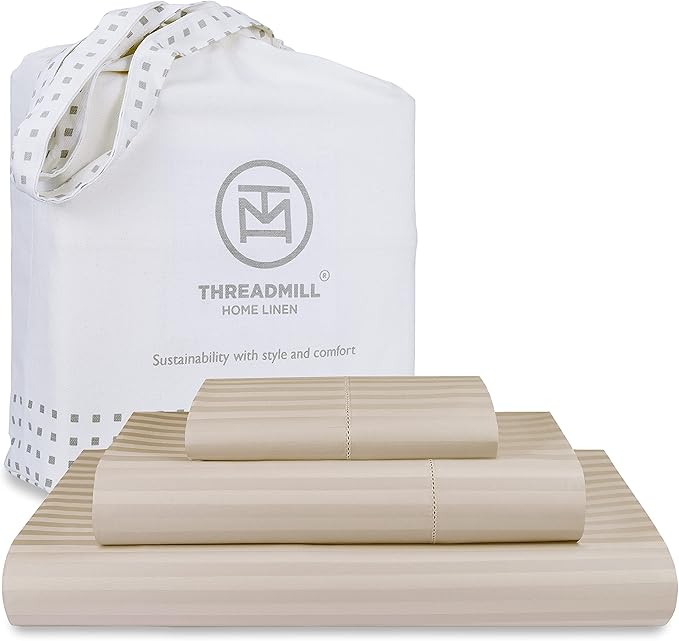Threadmill 100% Cotton Sheets for Twin XL Size Bed - 600 Thread Count Twin XL Bed Sheets Set with 15” Deep Pocket - Damask Stripe Sateen Weave 3-Piece Bedding Set with Cooling Effect, Beige