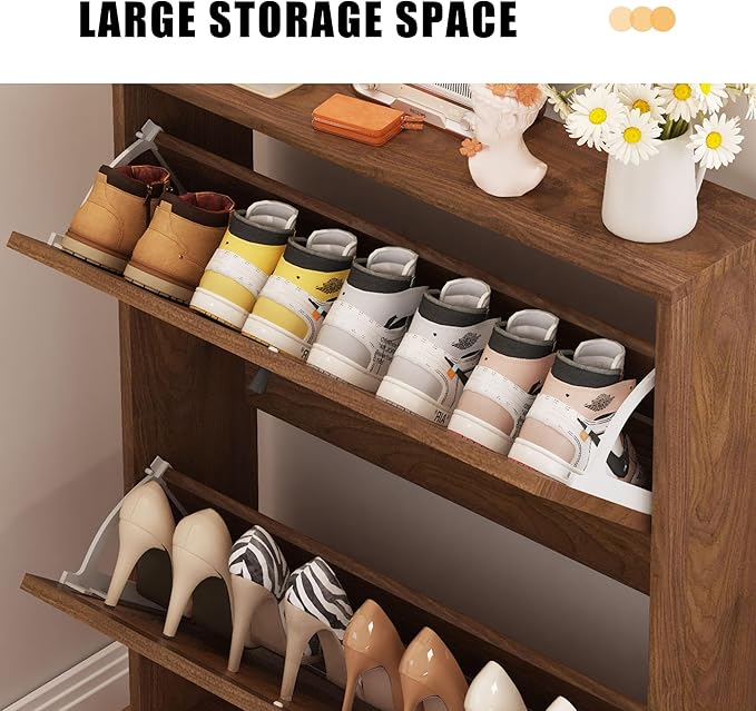 Shoe Cabinet with 2 Flip Drawer Drawer, Modern Shoe Organizer Freestanding Shoe Cabinet Storage, Shoe Storage Shoe Rack for Closet with Linen Doors Drawer in Hallway, Entrance (Walnut)