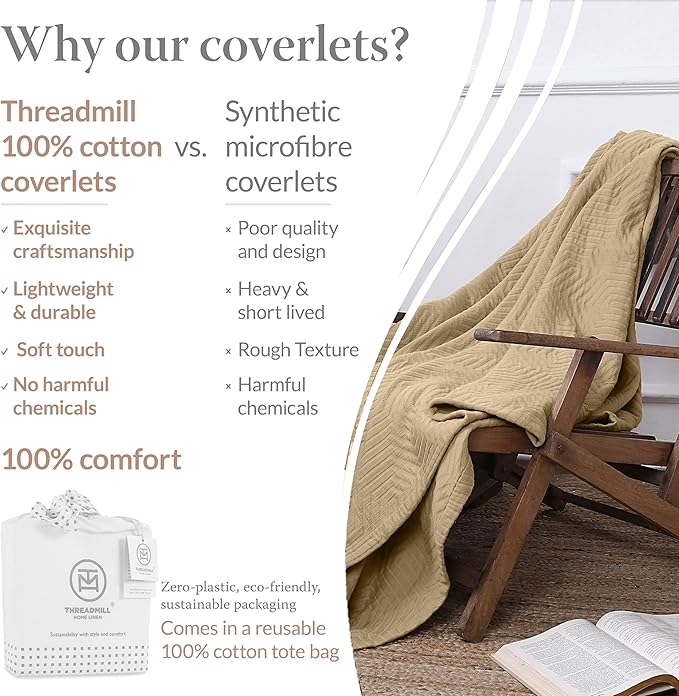 Threadmill Luxury Cotton Blankets for King Size Bed | All-Season Cozy 100% Cotton Blanket | Aster Jacquard Soft & Lightweight Coverlet fits California King Size Bed, 104x92 | Beige