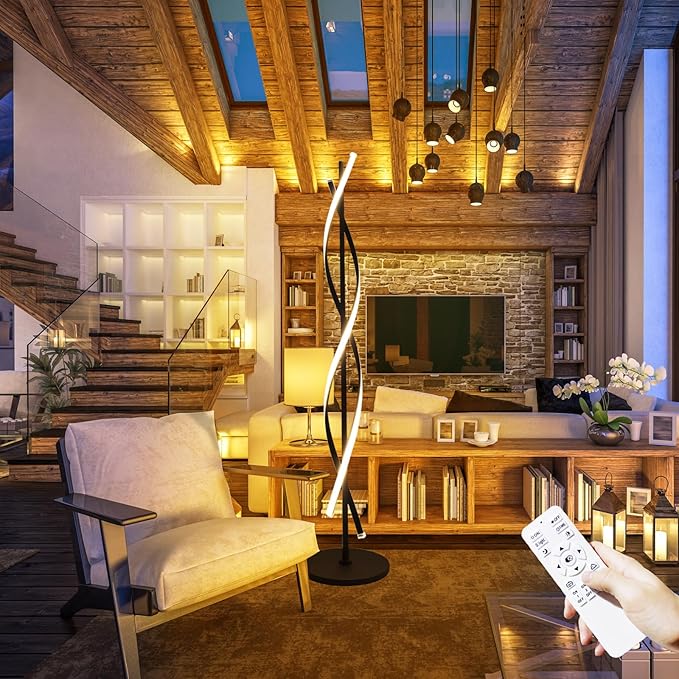 61" LED Floor Lamp for Living Room, 40W 3 Colors Stepless Dimmable and Color-Changing Bright Floor Standing Lamp,Unique Spiral Floor Tall Lamp for Bedroom Office with Remote (Black)