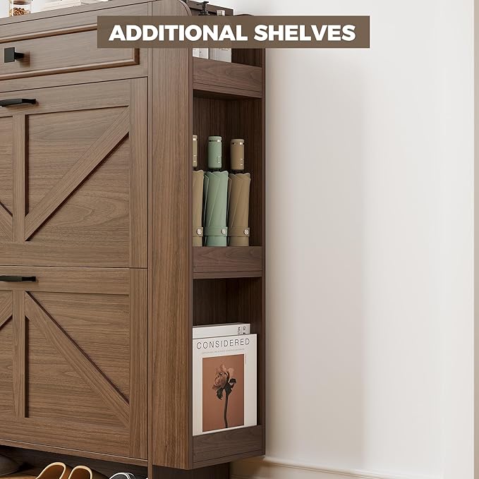IRONCK Shoe Storage Cabinet with 2 Flip Drawers & Barn Door Design, Freestanding Shoe Cabinet Organizer with Drawer and Shelves for Entryway, Farmhouse Shoe Rack Cabinet,Dark Walnut