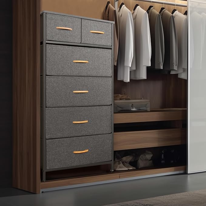 Tall Dresser for Bedroom, Vertical Storage Organizer Tower with 6 Drawers, Chest of Drawers with Fabric Bins, Steel Frame, Wood Top for Bedroom, Closet, Entryway- Grey