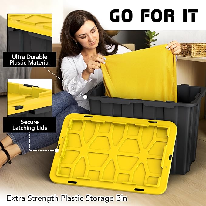 4 PACK of X-Large 23 Gallon Plastic Storage Bin Tote Organizing Container with Secure Latching Lids, Stackable, Extra Strength with Built in Handle - Black & Yellow