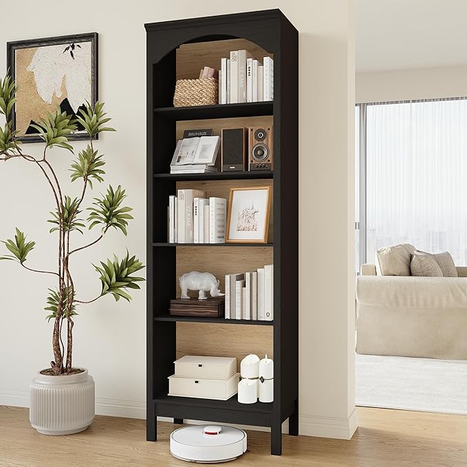 71" H Tall Bookshelf and Bookcase, Farmhouse Book Shelf with 5-Tier Open Shelves, Wooden Bookcase Freestanding Display Bookshelves for Bedroom, Living Room, Black