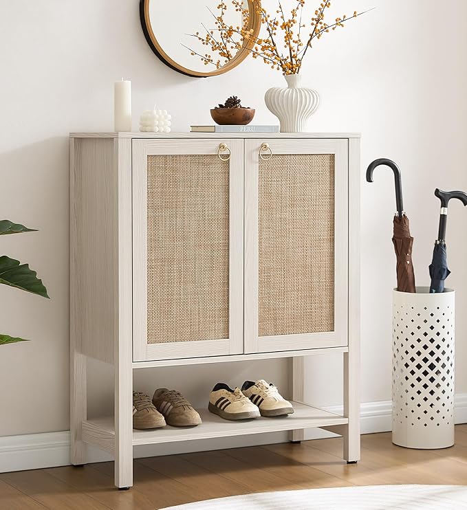 SICOTAS Rattan Shoe Cabinet with Storage - 5 Tier Farmhouse Boho Shoe Organizer Storage Cabinet with Shelves & Doors, Tall Shoe Rack Cabinet for Entryway, Living Room, Closet (White Cream Oak)