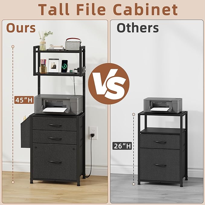3 Drawer File Cabinet with Charging Station, 3-Tier Tall Filing Cabinet for Home Office, 11''*16'' for Small Printer, Fabric Drawer Fits A4/Letter, Printer Stand 45''H, Black