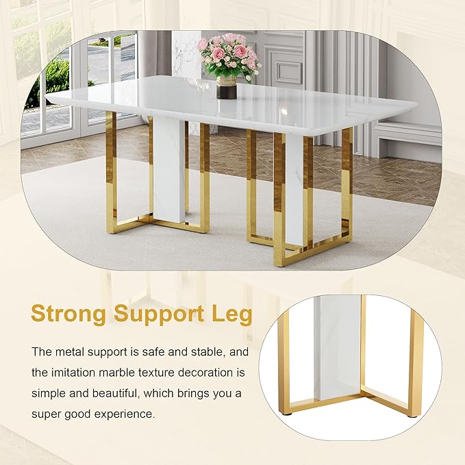 67-inch Modern Dining Table Set for 6 with 1.8 Inch Faux Marble Table Top & 6 PU Leather Chairs, White Luxury Kitchen and Dining Room Furniture Set
