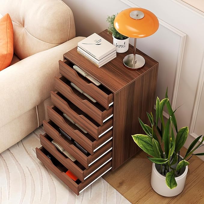 LOKO 7-Drawer Storage Cabinet, Versatile Drawer of Chest with Lockable Wheels, Mobile Office Lateral File Cabinet, for Home Office, Study (Walnut, 16" D x 19.5" W x 34.5" H)