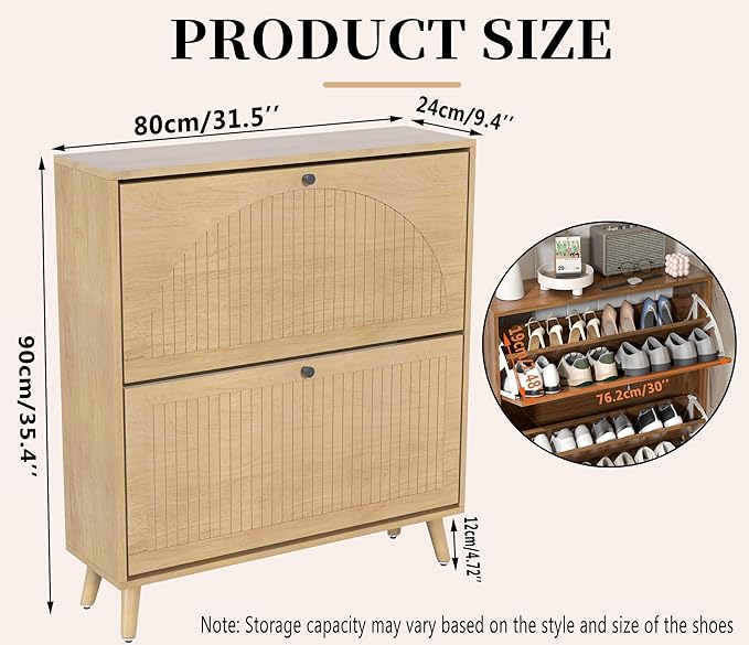 Shoe Storage Cabinet for Entryway with 2 Flip Drawers, Narrow Wood Shoe Cabinet with Fluted Panel, Freestanding Hidden Shoe Organizer for Foyer, Hallway (Wood Color)