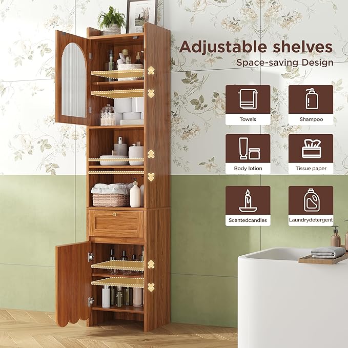 Tall Bathroom Storage Cabinet with 1 Drawer and 2 Doors - Modern Bath Organizer, Slim Freestanding Storage for Bathroom Essentials (11.8 Inches Wide), Brown