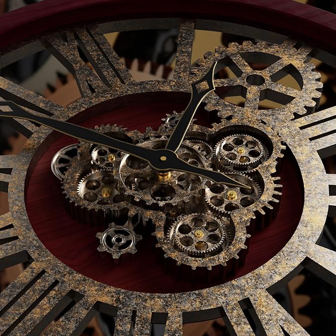 The B-Style Large Wall Clock 24 inch Moving Gear Wall Clock Oversized Vintage Farmhouse Wall Clocks for Living Room Decor Rustic Industrial Wood Clock (Cherry red and Bronze, 36 inch/90cm)