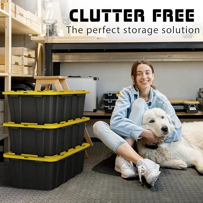 8 PACK of Medium 12 Gallon Plastic Storage Bin Tote Organizing Container with Ultra Durable Secure Latching Lids, Stackable, Extra Strength Clear with Built in Handle - Black and Yellow