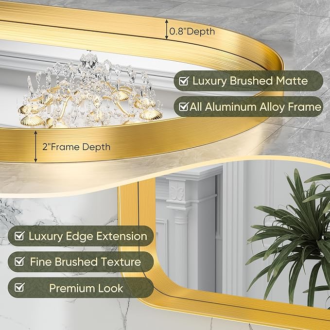 Suidia 26" x 38" Bathroom Mirror, Bathroom Vanity Mirror Metal Framed, Wall-Mounted Mirrors for Bedroom, Living Room, Entryway, Hallway, Gold, Arch Style