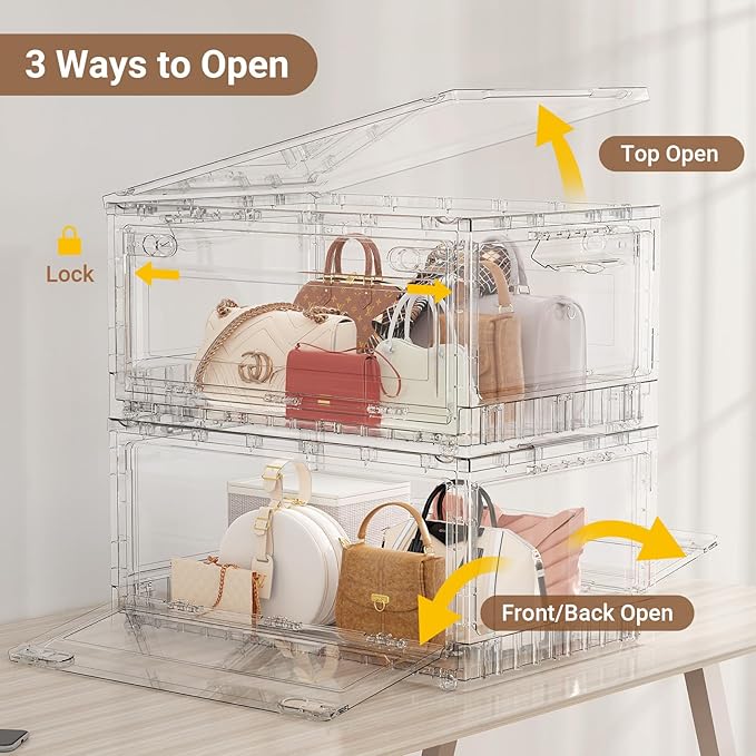 Clear Stackable Storage Bins Drawers, Open Front Large Plastic Storage Bins with Lids, Foldable Closet Organizers and Storage for Wardrobe Cabinets, Pantry, Makeup,2 Pack