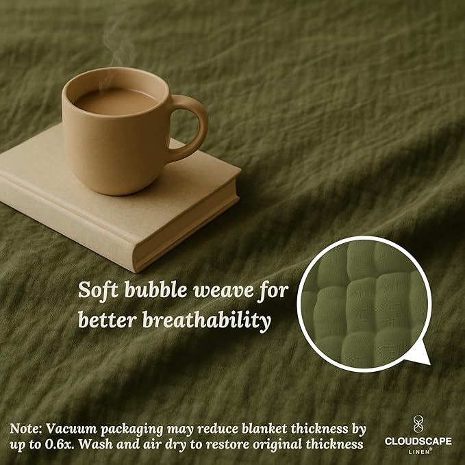 Cloud Scape Linen 100% 8-Layer Cotton Muslin Blanket Queen Size,Lightweight All Season Blanket for Bed, Oversized Cotton Blankets, fits Full Size Bed, 92x92, Olive Green