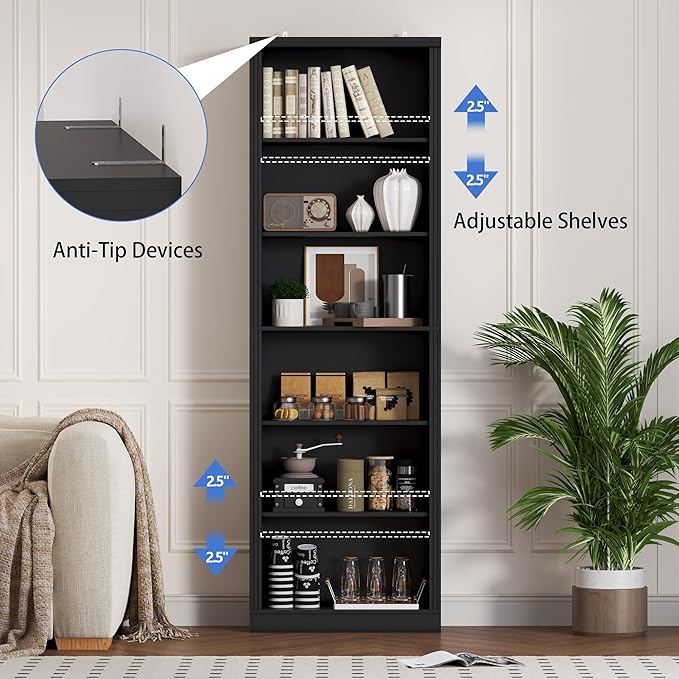 75" Tall Bookshelf, 6-Tier Floor Standing Bookcase with Adjustable Shelves, 24" Wide Open Storage Shelf, Modern Display Organizer for Home Office, Living Room, Bedroom, Study