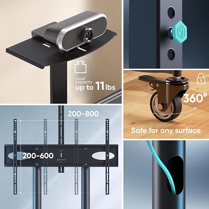 ONKRON Mobile TV Stand on Wheels for 55-90 Inch TVs up to 198 lbs, Height Adjustable TV Portable Stand, VESA 200x200-800x600, Movable TV Cart Rolling TV Stand with Shelf Black