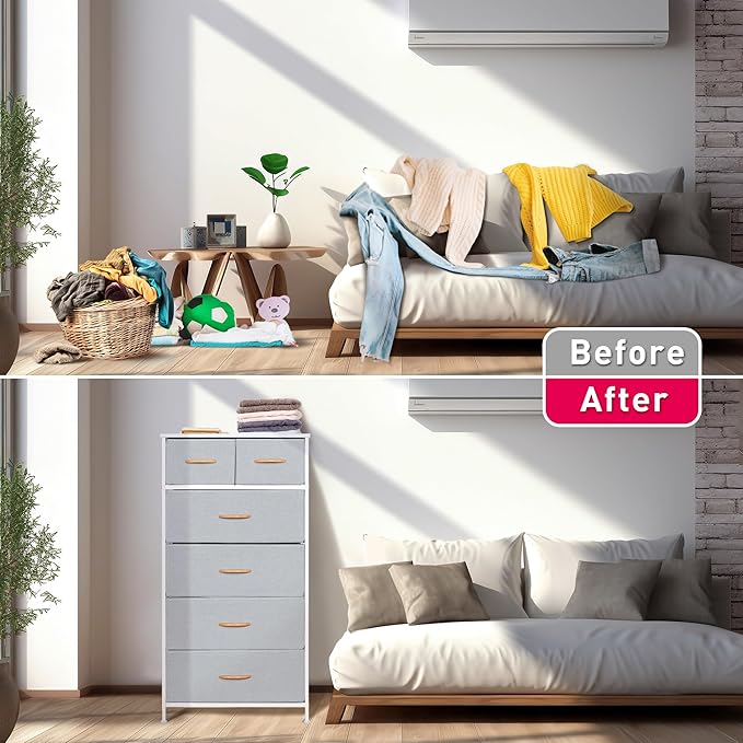 Tall Dresser for Bedroom, Vertical Storage Organizer Tower with 6 Drawers, Chest of Drawers with Fabric Bins, Steel Frame, Wood Top for Bedroom, Closet, Entryway- Light Grey