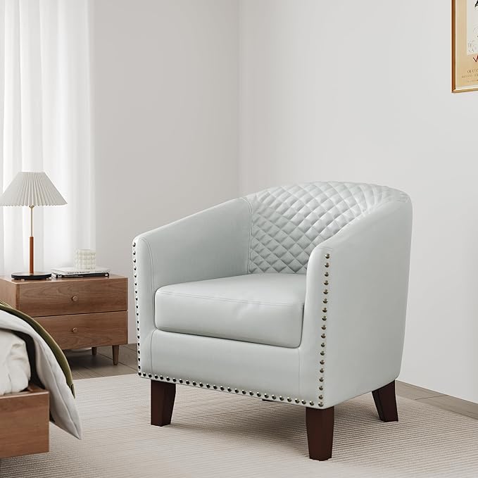Accent Barrel Chair, Upholstered Faux Leather Club Chair with Nailed Trim, Comfy Reading Armchair for Living Room Bedroom Reception Room Office (White, Set of 4)