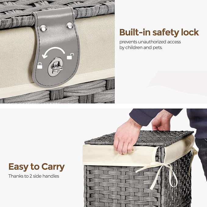 Wicker Storage Basket with Lid,Rattan Shelf Basket with Removable Liner Bag,200L Storage Bin,Storage Trunk with Heightened Feet,Storage Container for Wardrobe,Home Organizer