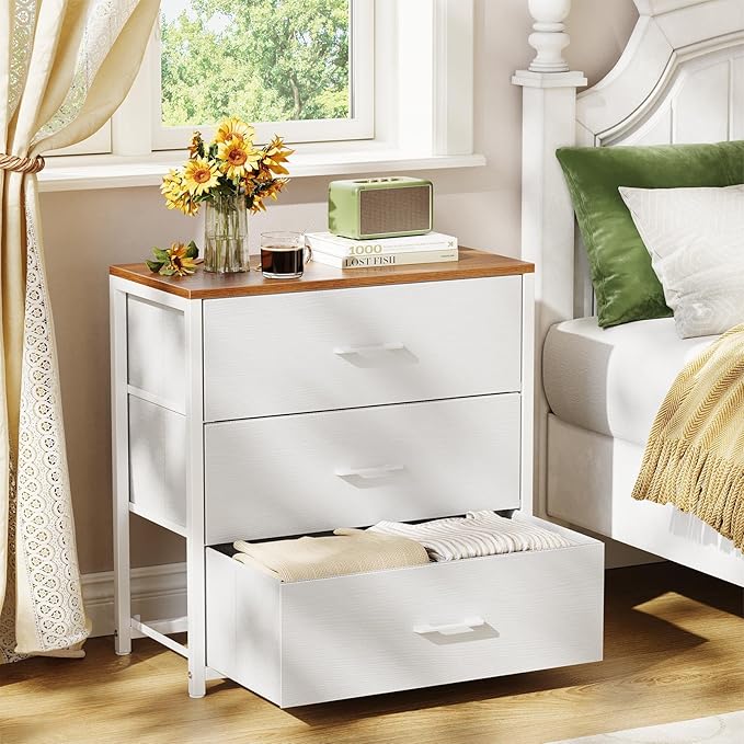 Nightstand,Farmhouse Night stand with 3 Storage Drawer,Small Dresser for Bedroom,Chest of Drawers Fabric Dressers with Steel Frame,Wooden Top Front Bedside Table for Small Space,White+walnut