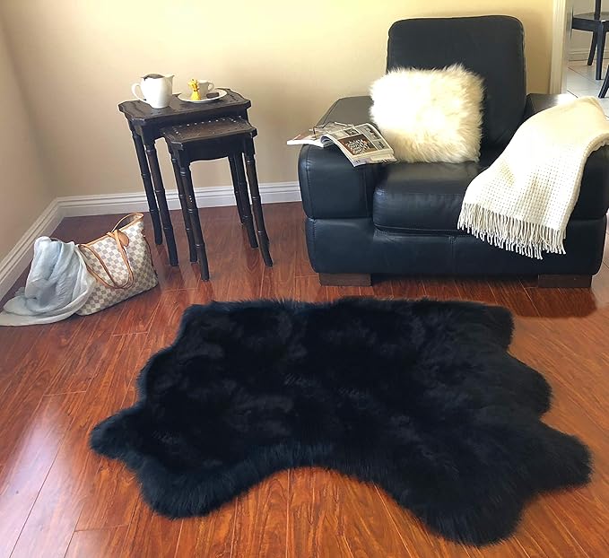 Free Shape Luxury Soft Fluffy Shag Area Rug Double Side by Side 3'x4', 90x120cm - Vegan Fur Ultra Soft Indoor Carpet Nursery Rugs for Bedroom Home Decor, Black