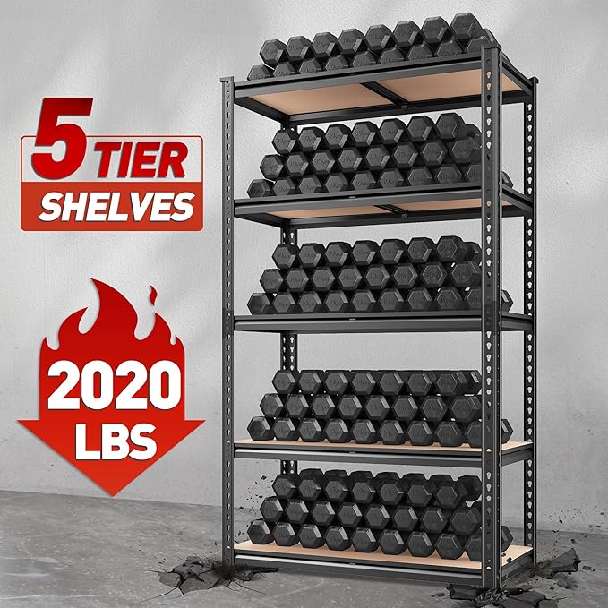 REIBII 2020LBS Storage Shelves 5 Tier Garage Shelving Heavy Duty, Adjustable Metal Shelving, Garage Shelves for Basement, Warehouse, Pantry, Closet, Kitchen 72" H x 35.55" W x 16" D, Black, 4 Pack
