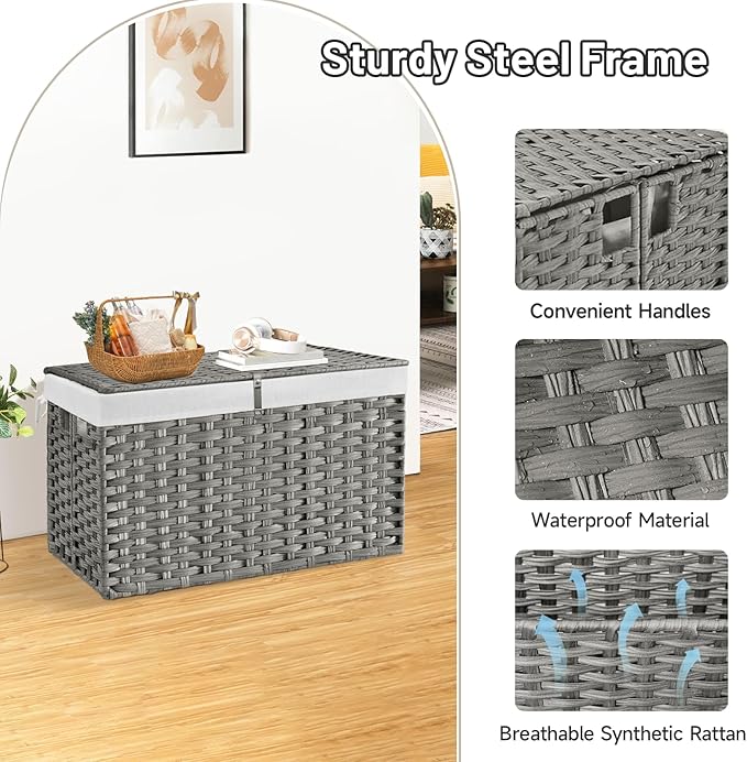180L Wicker Storage Basket with Lid, Handwoven Rattan Large Shelf Basket with Removable Liner, 47.6 Gallon Wicker Basket for Blanket, Storage Trunk with Handle for Closet, Bedroom, Livingroom, Grey