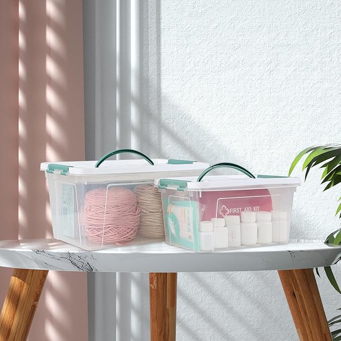 Clear Storage Latch Box/Bin, 2-Pack Plastic Organizing Container with Handle and Lids (14 QT & 7QT)