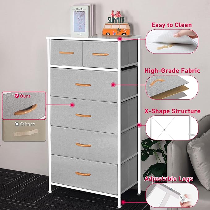 Tall Dresser for Bedroom, Vertical Storage Organizer Tower with 6 Drawers, Chest of Drawers with Fabric Bins, Steel Frame, Wood Top for Bedroom, Closet, Entryway- Light Grey