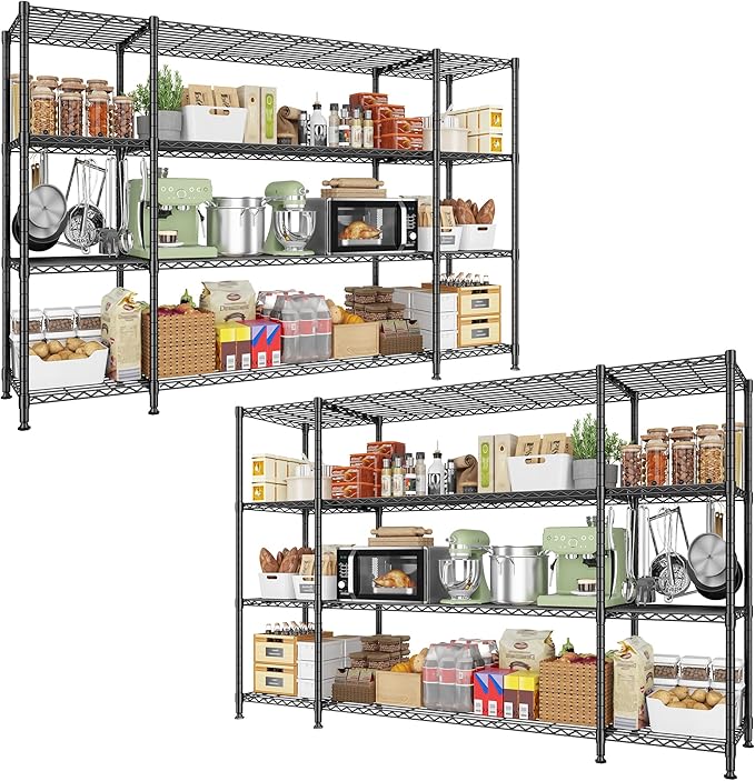 REIBII 78.4''W Storage Shelves, 4 Tier Wire Shelving Unit Loads 1500LBS with Adjustable 2PCS Heavy Duty Metal Shelving for Pantry, Kitchen,Garage Shelves.78.4''Wx11.8''Dx59''H,Black