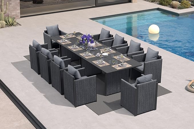 PURPLE LEAF 11 Pieces Patio Dining Set Outdoor Modern Conversation Set Rectangular Aluminum Dining Table and Chairs with Olefin Cushions Pillows for Garden Backyard Kitchen Grey