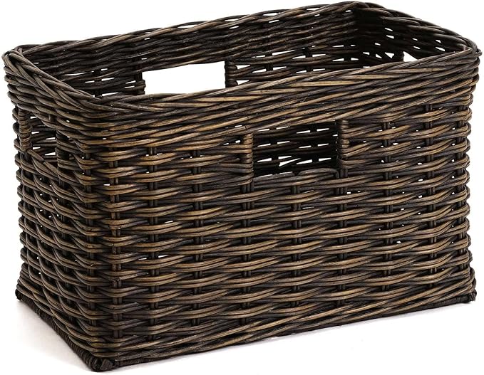 The Basket Lady Tall Rectangular Wicker Storage Basket, Small, 16.5 in L x 10.5 in W x 10.5 in H, Antique Walnut Brown