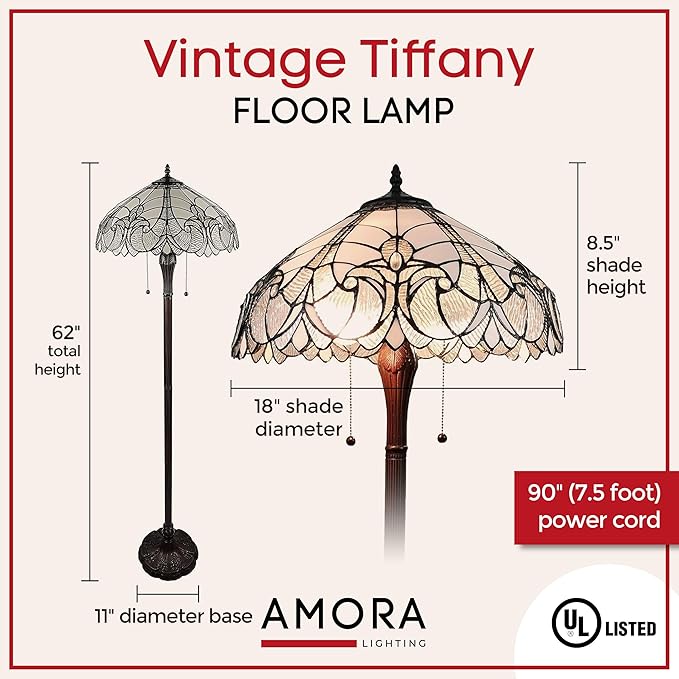 Amora Tiffany Style Floor Lamp - 62” Floral Mahogany Stained Glass Floor Lamp