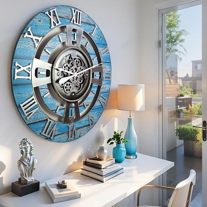 The Gears Clock Real Moving Gear Wall Clock England Line (Ocean Blue, 24 inches (60 cm))