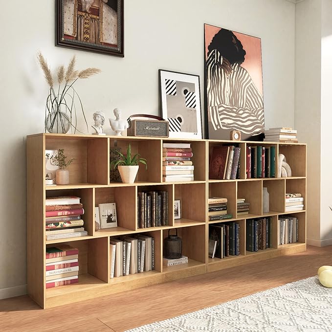 10-Cube Wooden Bookshelf with Base,3-Tier Freestanding Open Storage Organizer,Multi-Functional Bookcase for Living Room,Bedroom,Study and Office (Oak, 10-Cube)