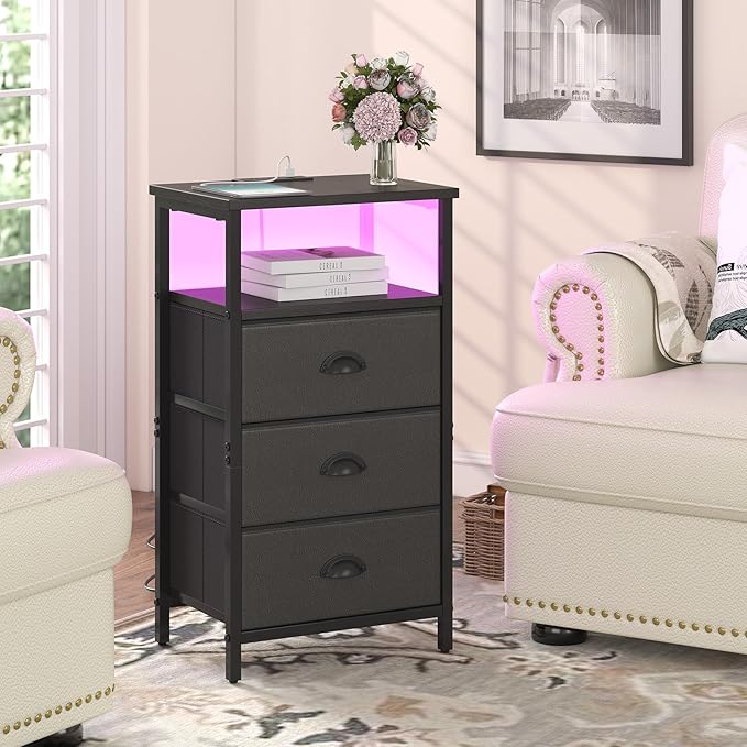 Nightstand with Charging Station,LED Black Nightstand with 3 Fabric Drawers PU Finish, Bedside End Tables, 2-Tier Open Storage Shelf Side Table Nightstand with Drawers for Bedroom,Black