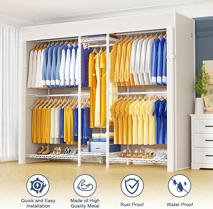 Ulif E12C Heavy Duty Closet Organizer System，Freestanding Clothing Racks for Hanging Clothes，Adjustable Garment Rack 71" W x 16" D x 76.5" H Hold 960 lbs，White Clothing Rack with White Dustproof Cover