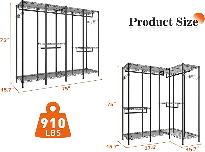 Raybee Clothes Rack Heavy Duty Clothing Racks for Hanging Clothes Loads 1100LBS, Garment Rack Freestanding for Bedroom, 75" H x 75" W x 15.7" D, Black