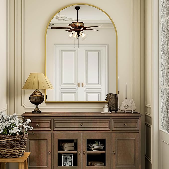 Arch Bathroom Mirror, 26x38 inch Arched Bathroom Mirror/Wall Mounted Vanity Mirror - Arch Metal Frame Wall Mirror for Bathroom Bedroom Living Room, Gold